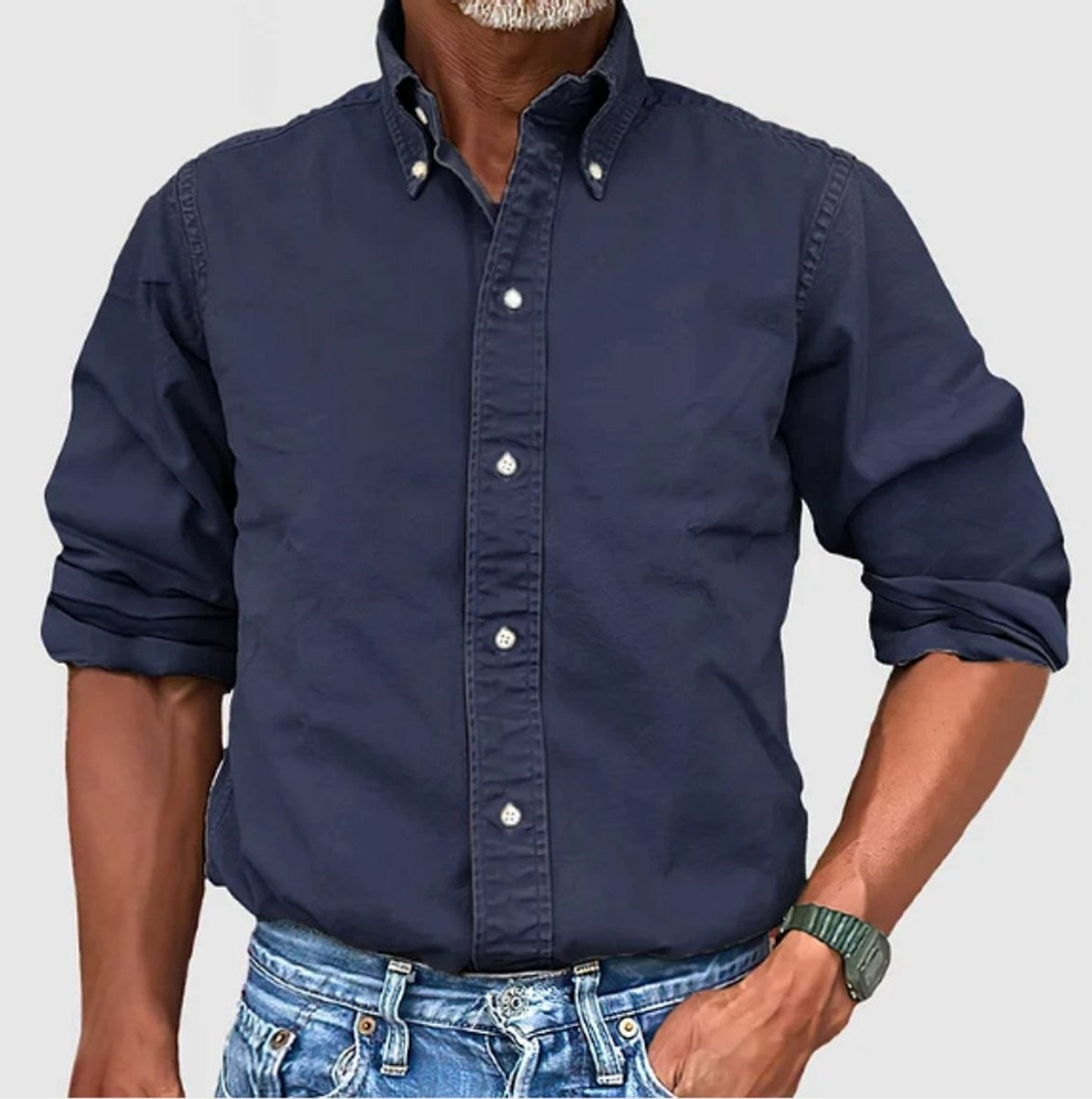 Navy blue long-sleeve button-down shirt with button-fastened collar detail