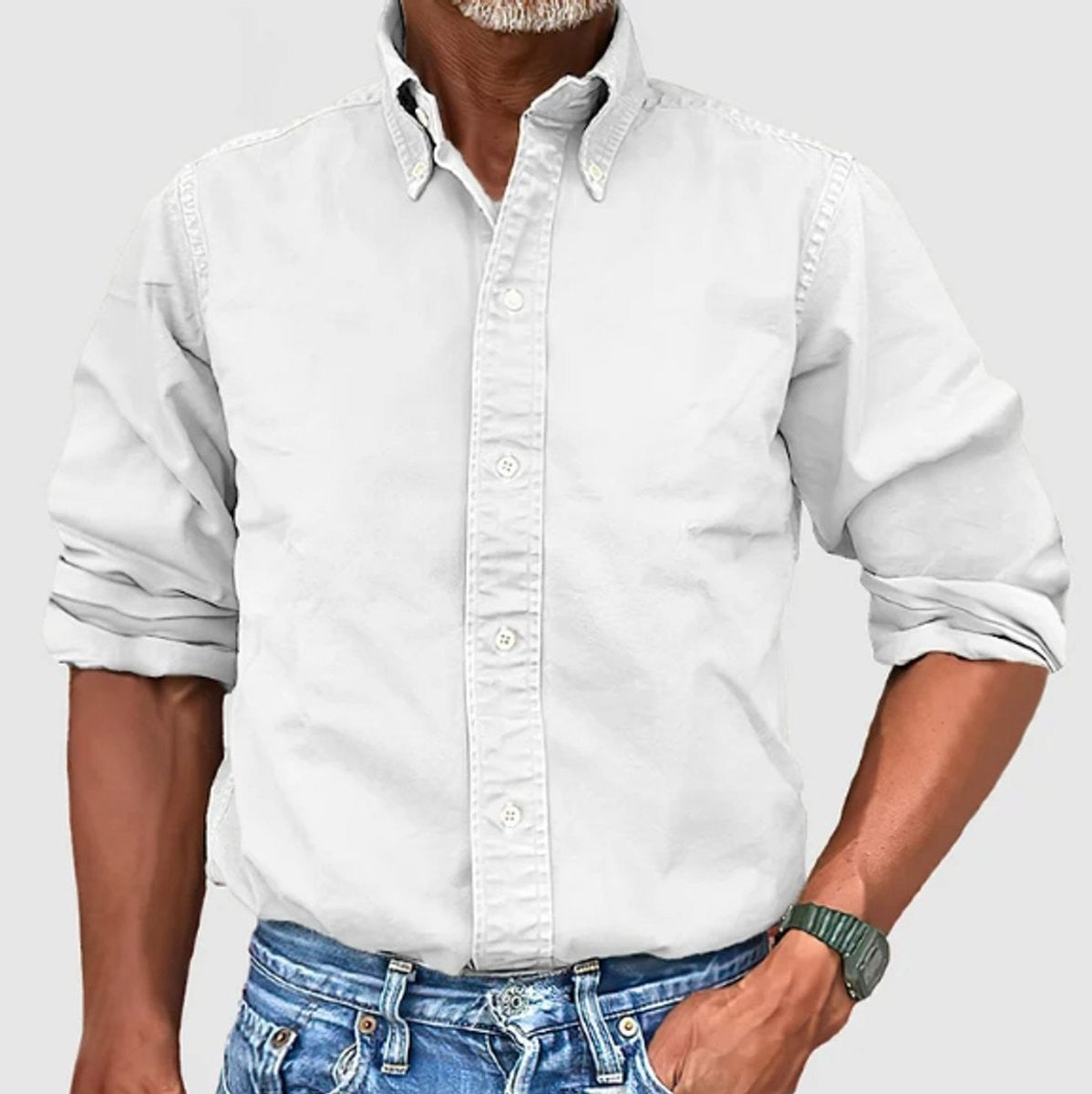 White cotton button-down shirt with regular fit and rolled-up sleeves