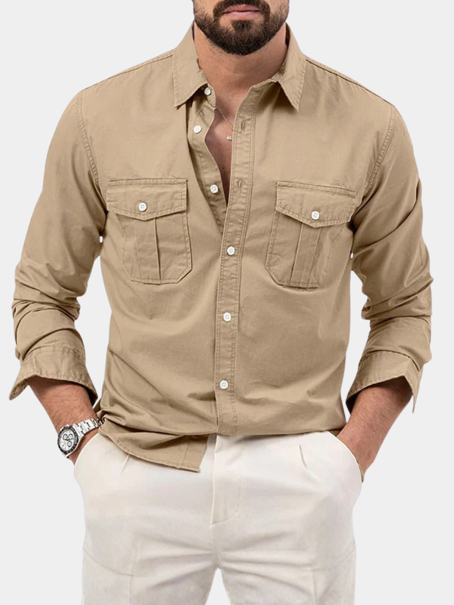 Men's khaki button-up shirt with twin flap chest pockets and long sleeves
