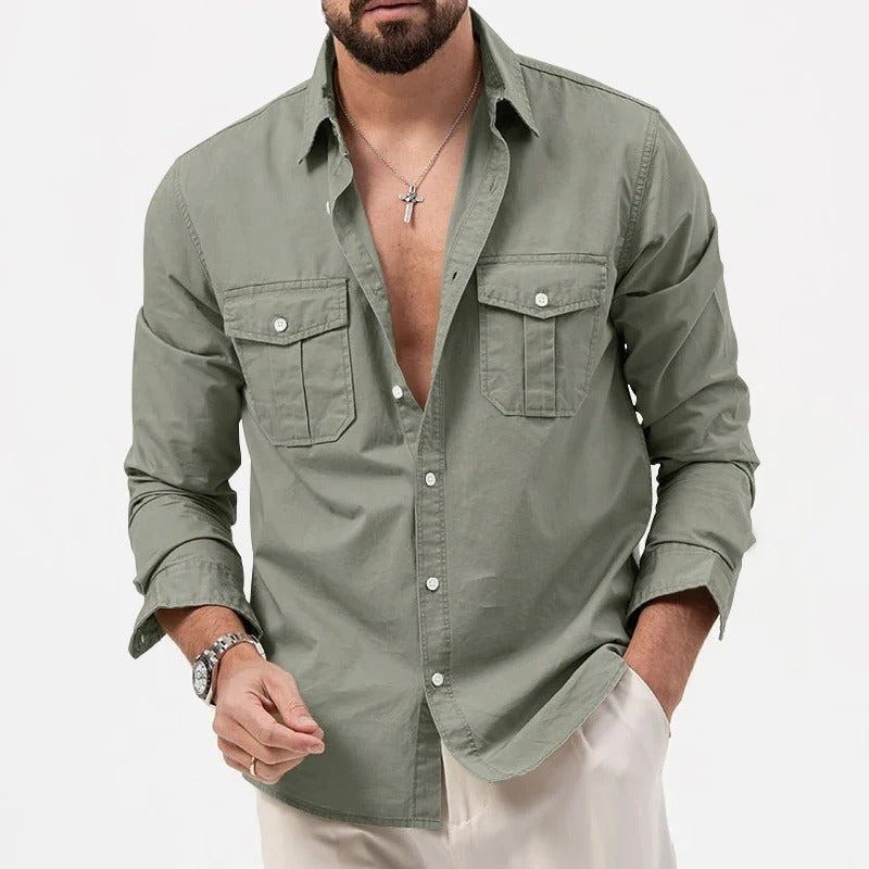 Sage green cotton shirt with dual flap pockets and open button placket