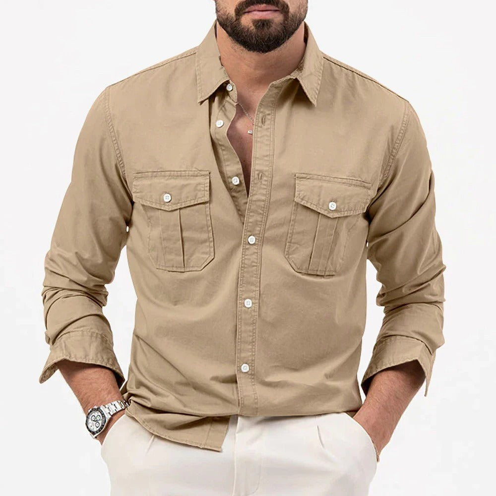 Beige long-sleeved cotton shirt featuring dual flap pockets and classic collar