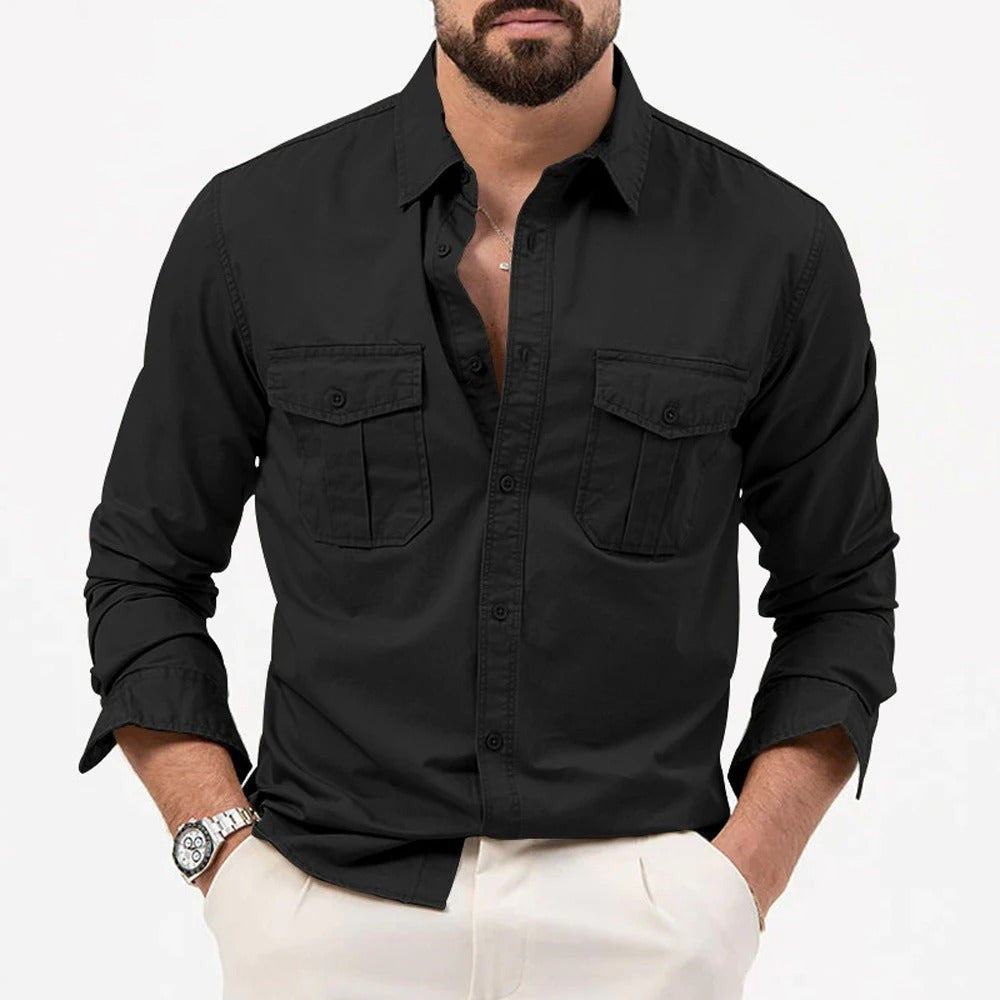 Black long-sleeved button shirt with twin chest pockets and classic collar