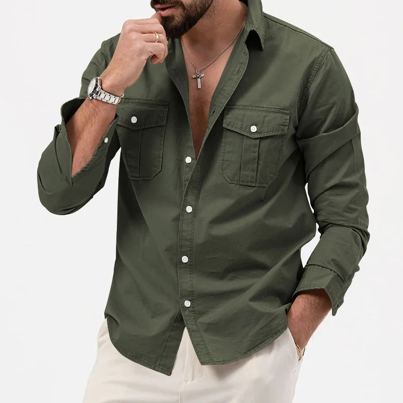 Olive green cargo-style shirt paired with cream trousers, cuff turned back