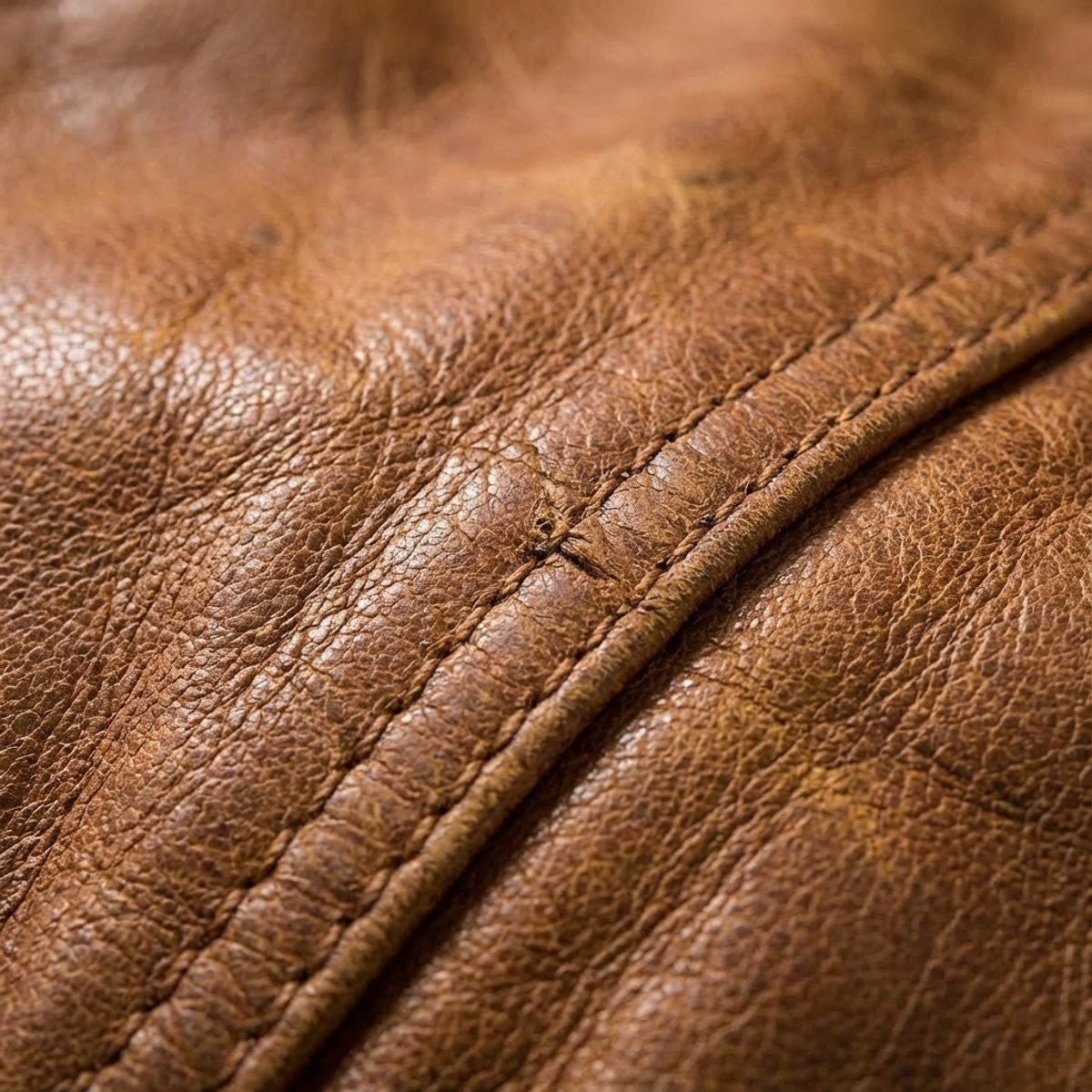 Close-up of tan leather grain showing stitched seam detailing on trucker jacket
