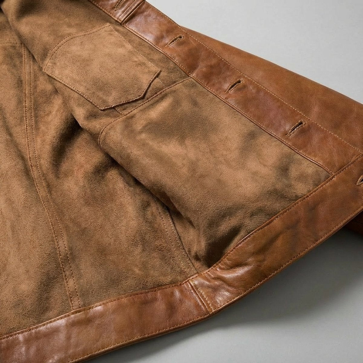 Interior view of leather trucker jacket revealing soft suede lining and inner pocket