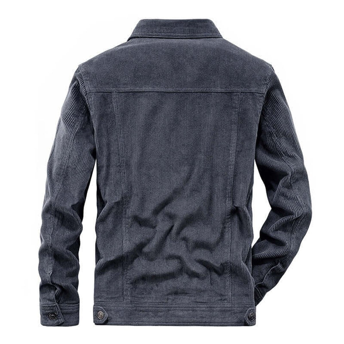 Slate grey corduroy jacket, rear view showing ribbed texture and button cuffs
