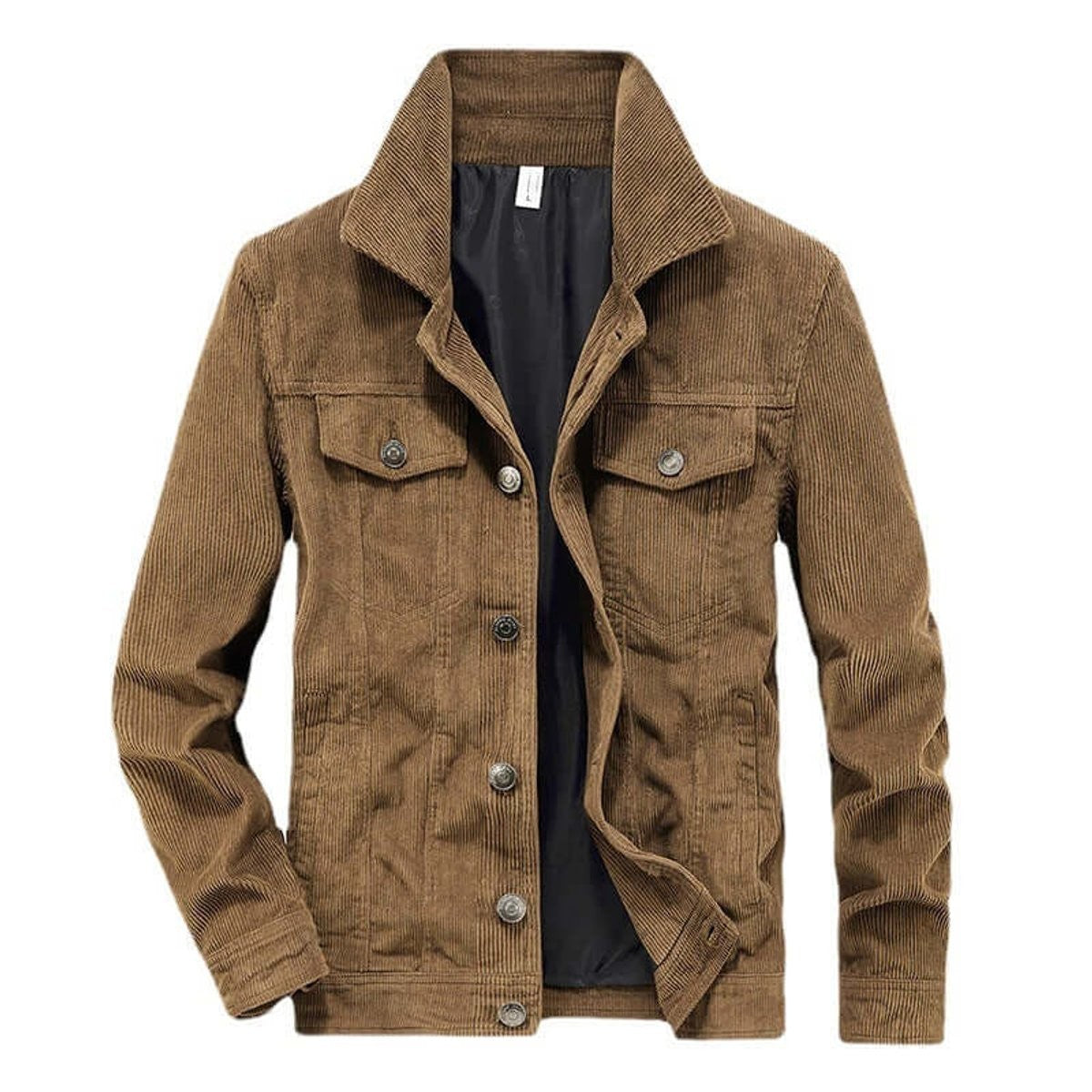 Tan corduroy bomber jacket with buttoned chest pockets and collared neckline