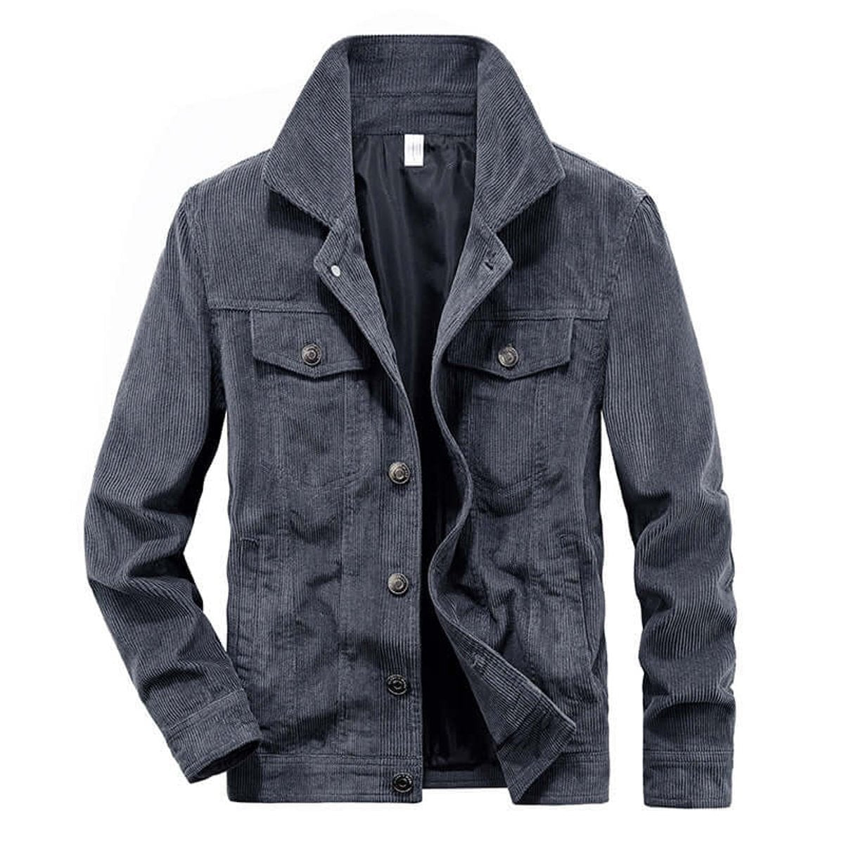 Charcoal grey corduroy jacket with classic collar and flap chest pockets