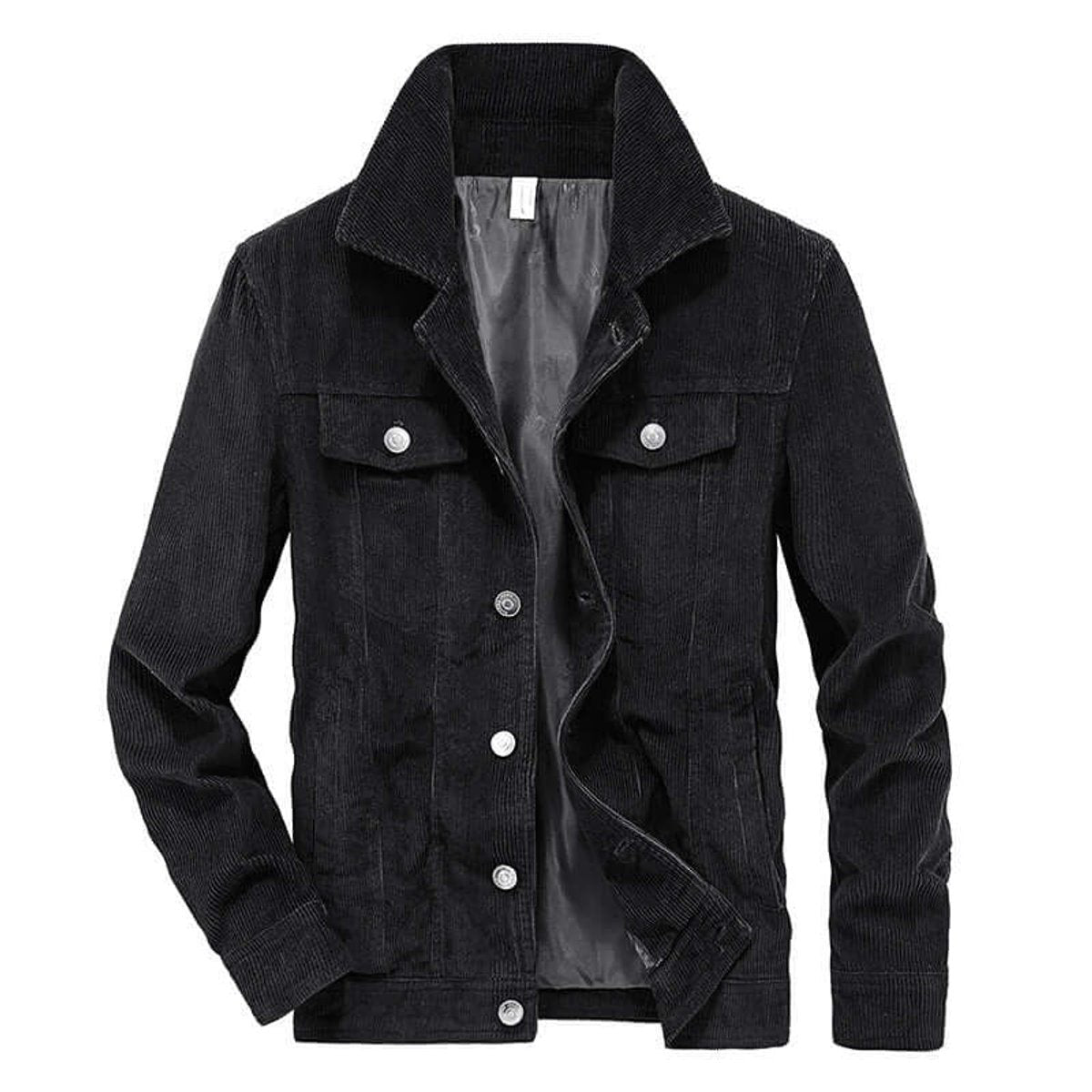 Black corduroy bomber jacket featuring button fastening and twin chest pockets