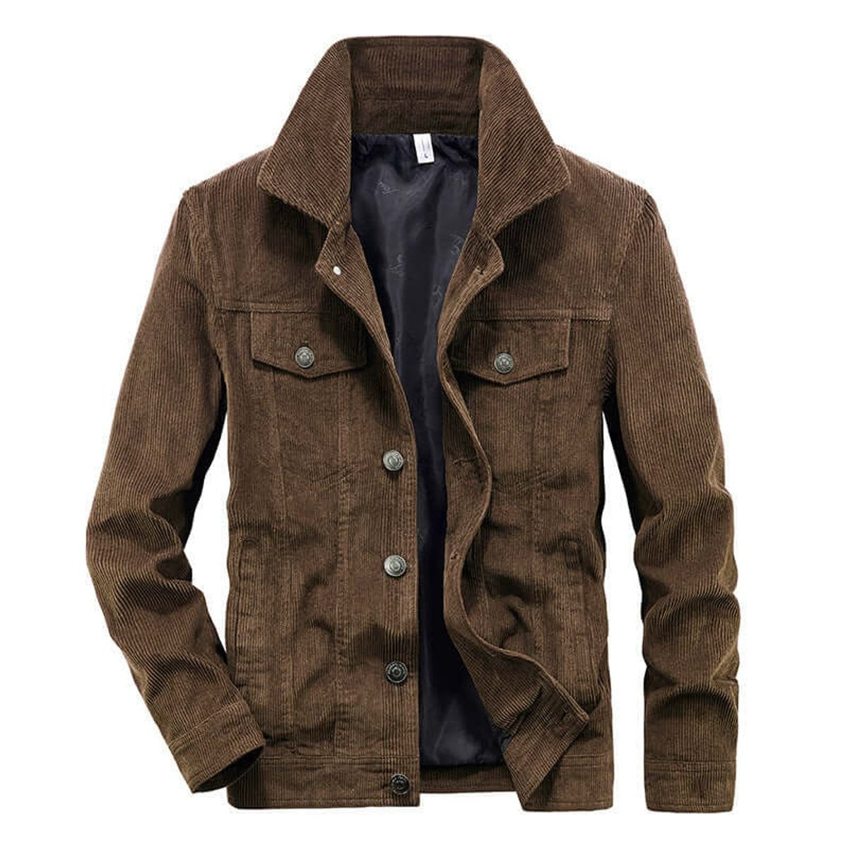 Brown corduroy jacket with ribbed texture, buttoned front and chest pockets