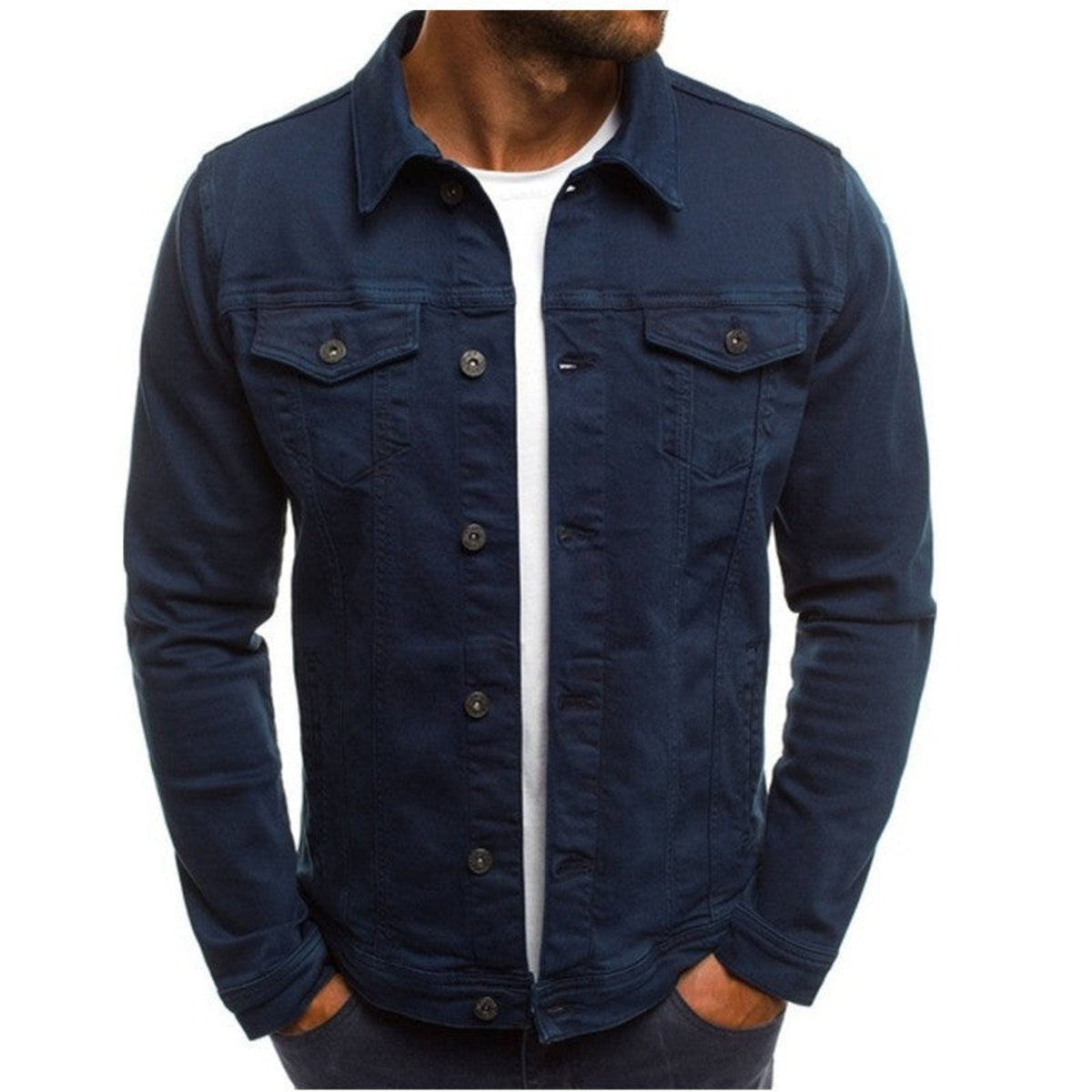 Navy blue denim jacket with multi-pocket button-up design