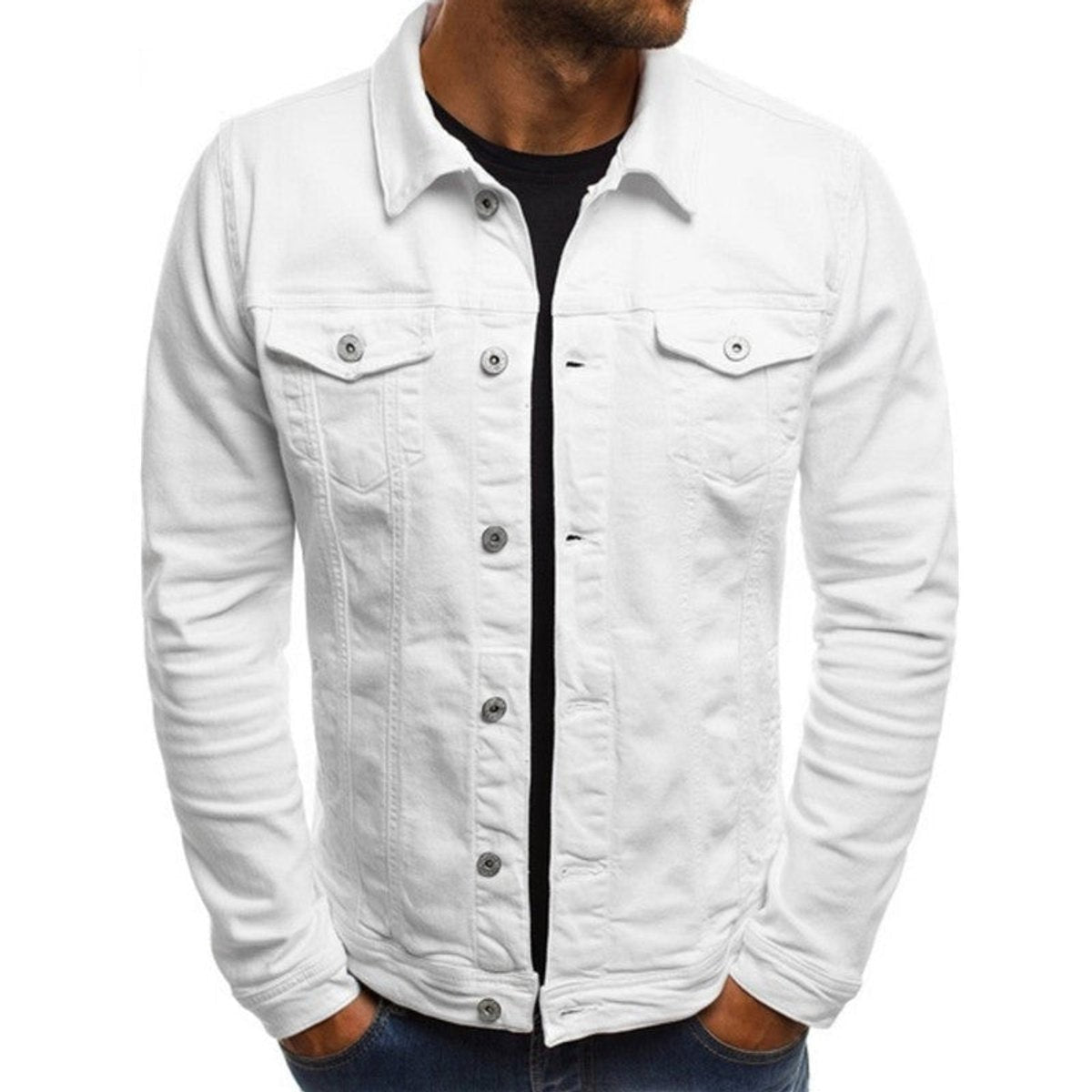 Men's white denim jacket worn open over a black T-shirt