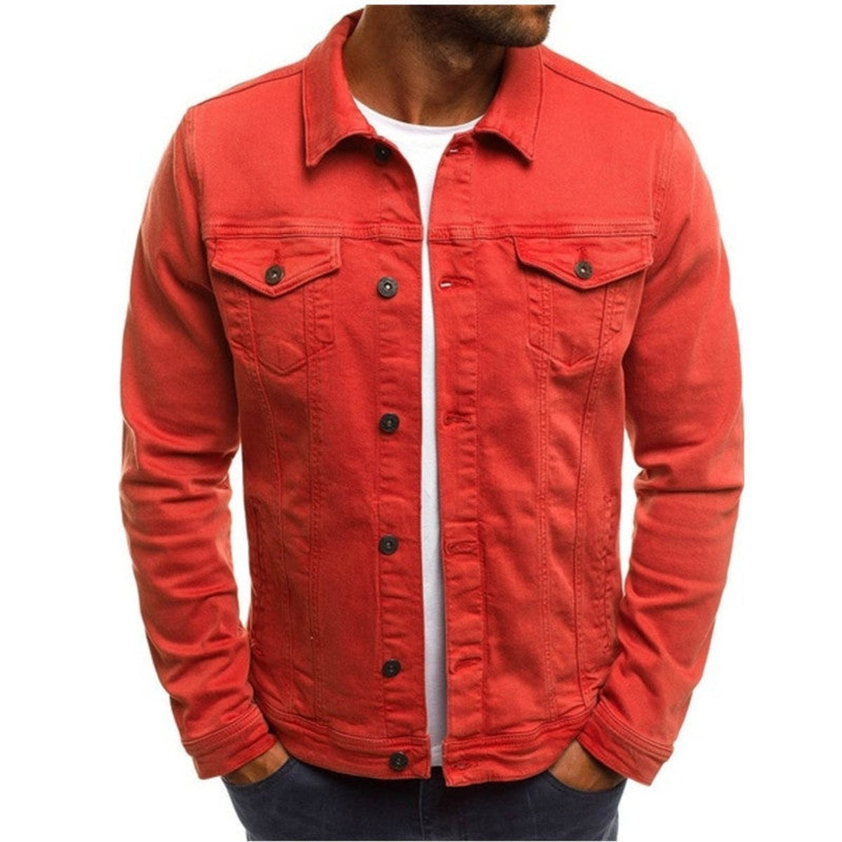 Red denim jacket with twin chest pockets and button fastening