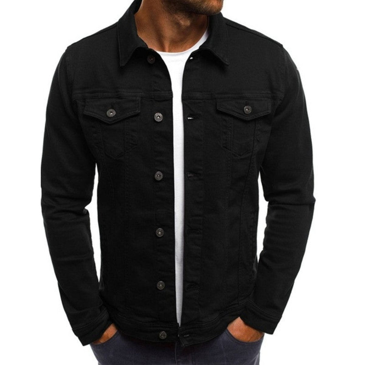 Black denim jacket featuring multi-pocket design and buttoned cuffs