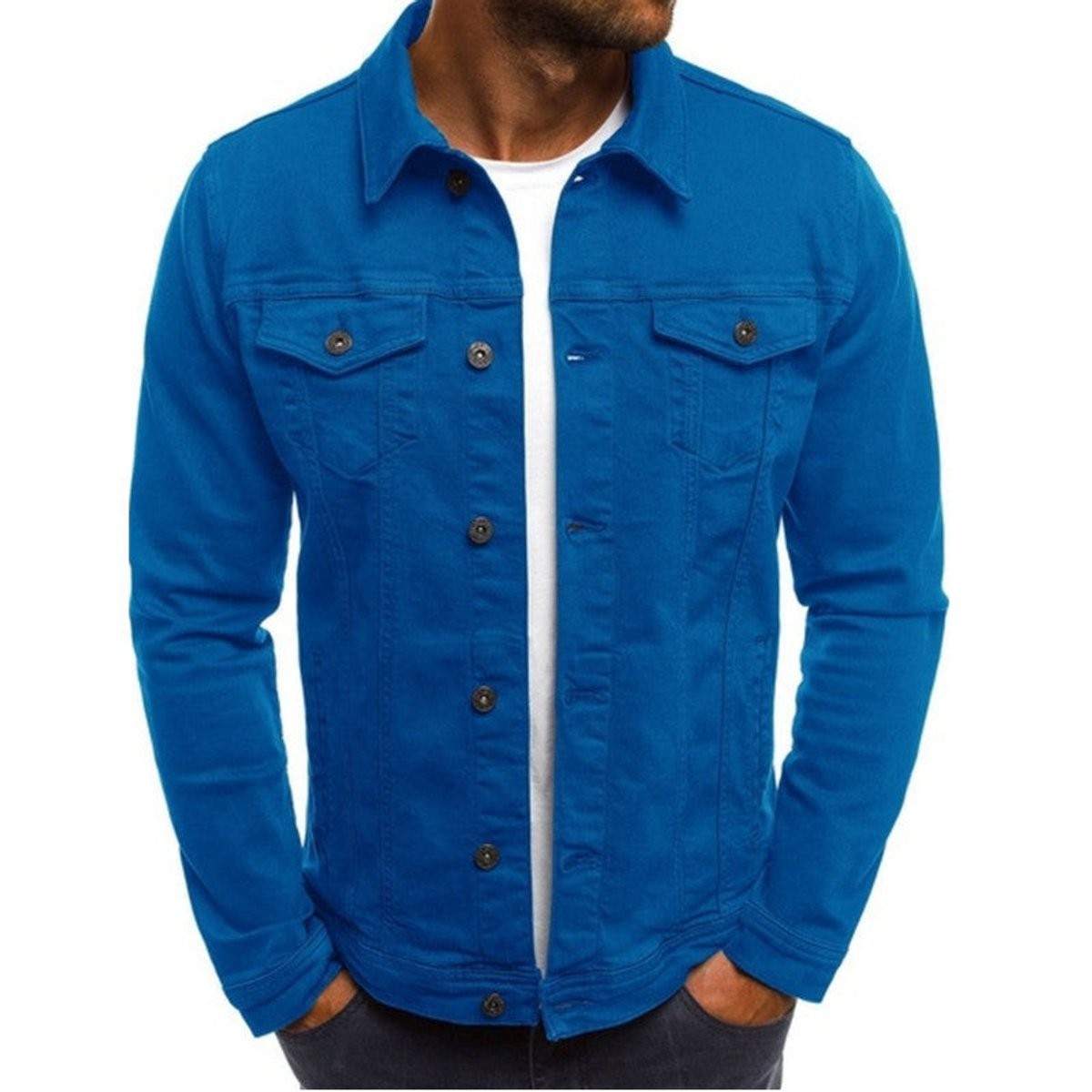 Bright blue denim jacket with classic collar and front buttons