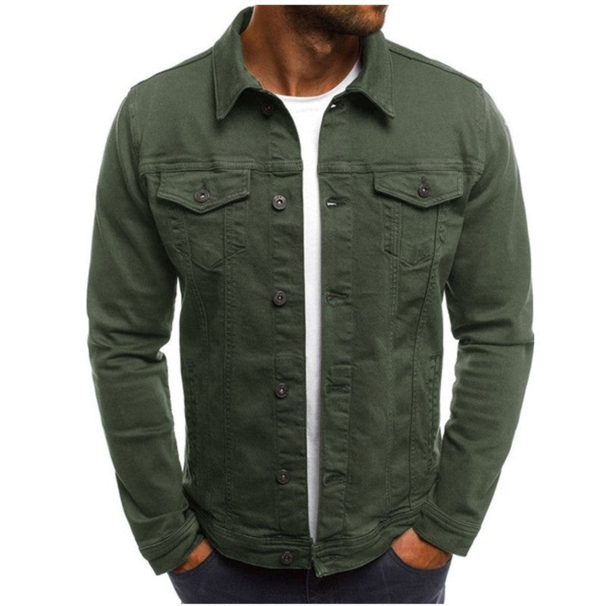 Khaki green denim jacket with multi-pocket casual styling