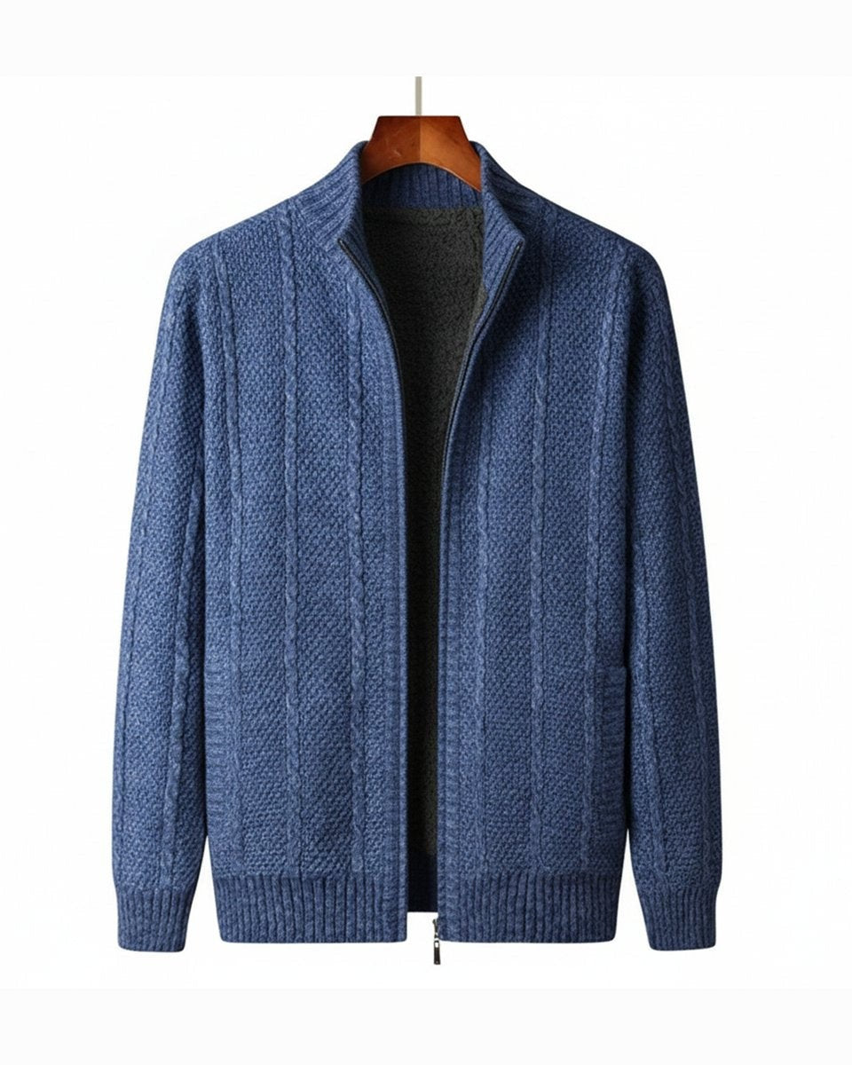 Front view of blue knitted zip-up cardigan jacket with fleece lining