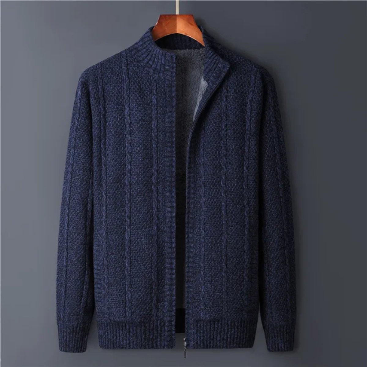 Navy cable-knit wool cardigan jacket with stand collar and zip