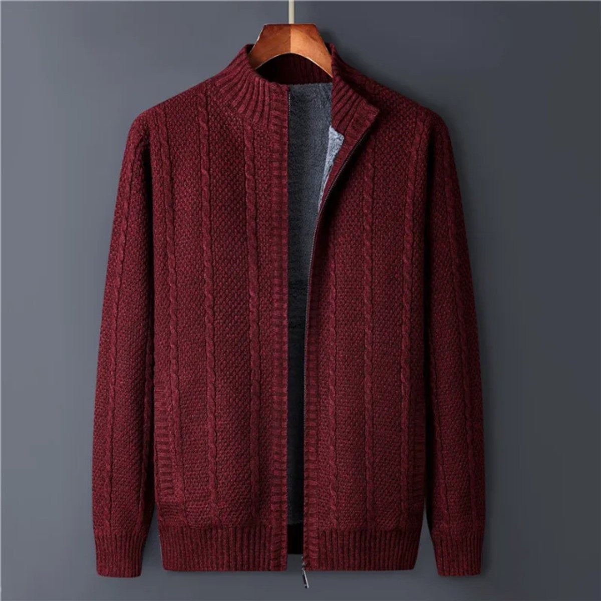 Burgundy cable-knit zip-up cardigan jacket with fleece lining