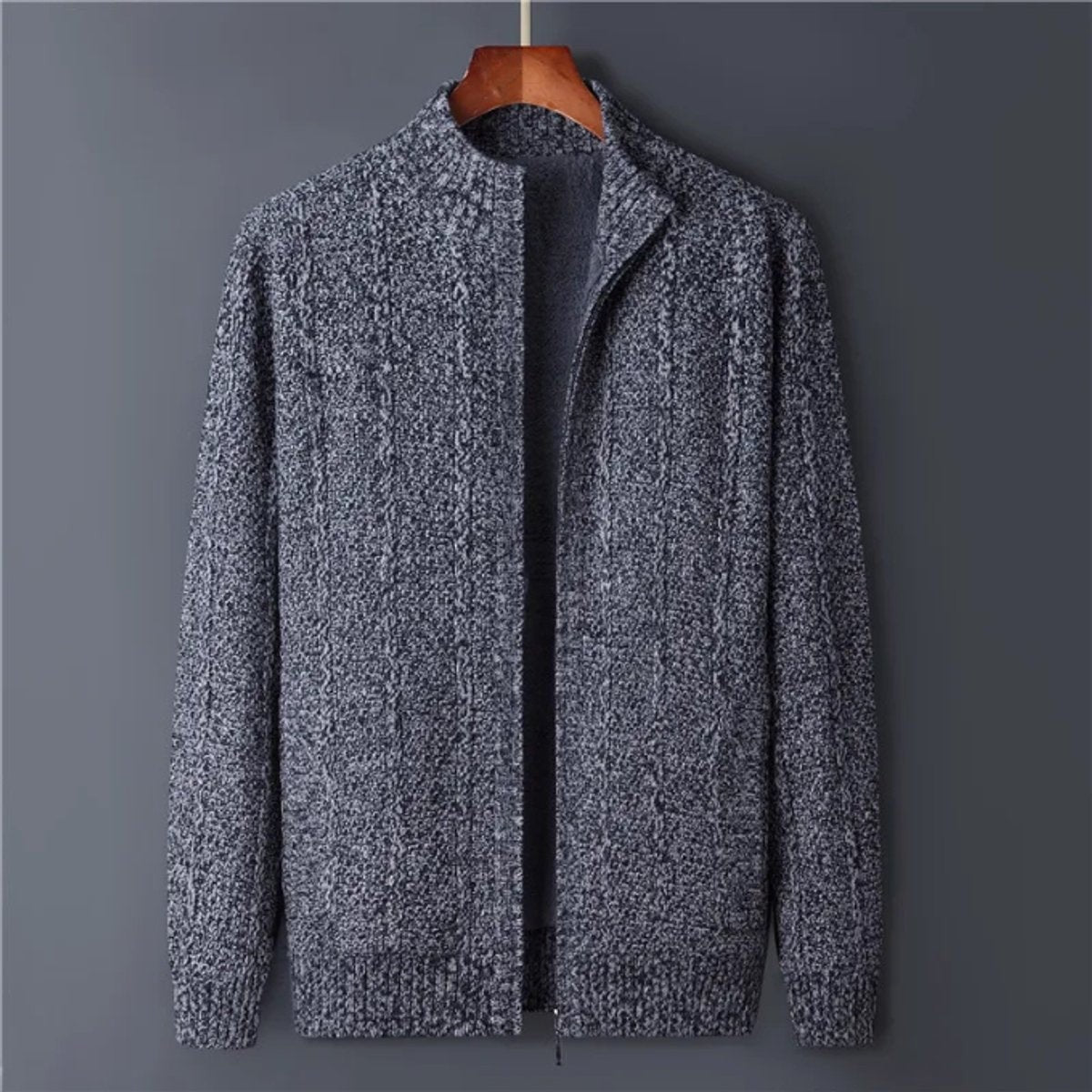 Grey marl cable-knit full-zip cardigan jacket on wooden hanger