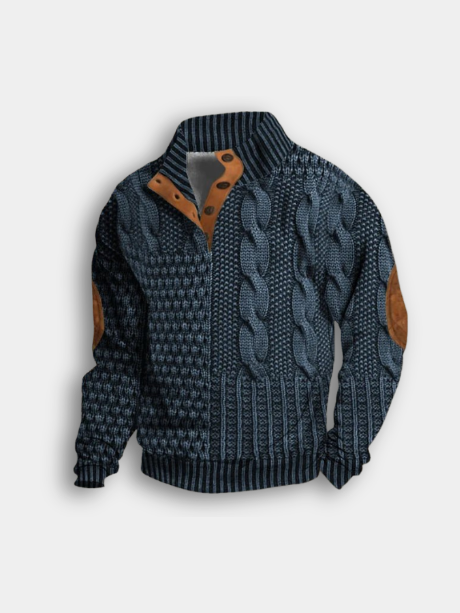 Navy cable-knit jumper with suede elbow patches and half-zip collar
