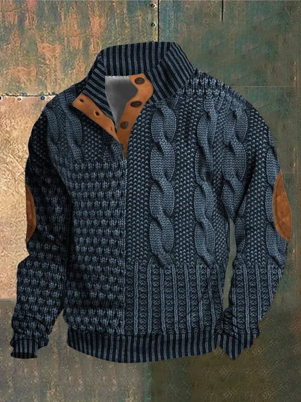 Blue chunky knit half-zip pullover featuring tan leather button placket