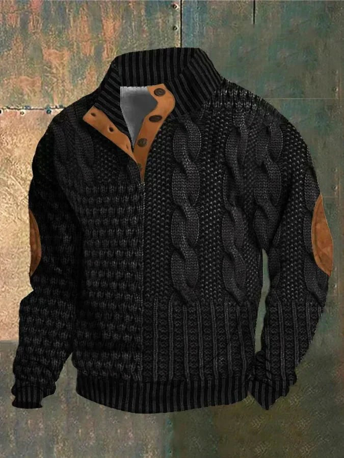 Black cable-knit half-zip jumper with contrast suede elbow patches