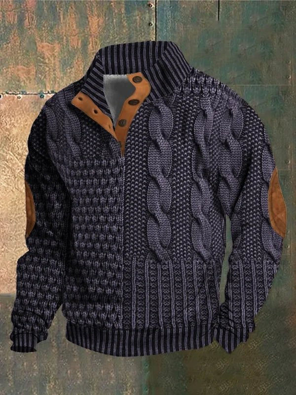 Denim-blue mixed-stitch jumper with striped collar and leather trim