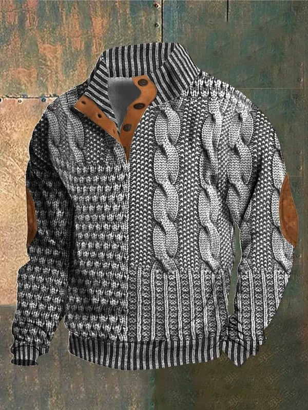Grey marl cable-knit pullover with suede patches and stand collar