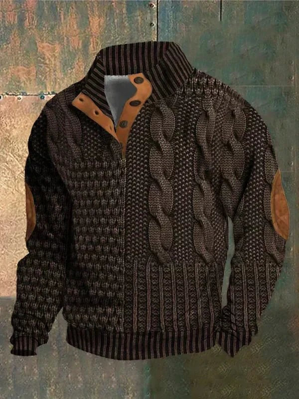 Charcoal knit half-zip jumper featuring tan leather buttoned neckline