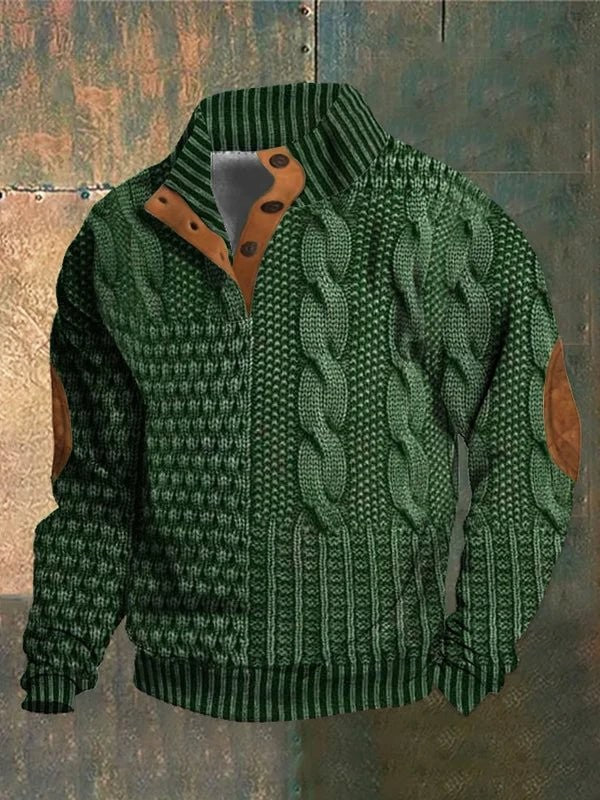 Green chunky cable-knit pullover with brown suede elbow patches