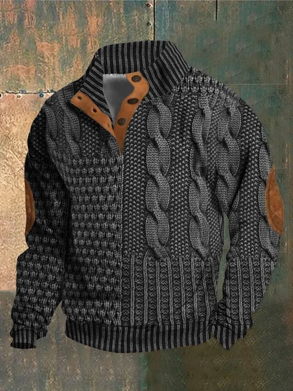 Grey and black cable-knit jumper with leather button-up collar