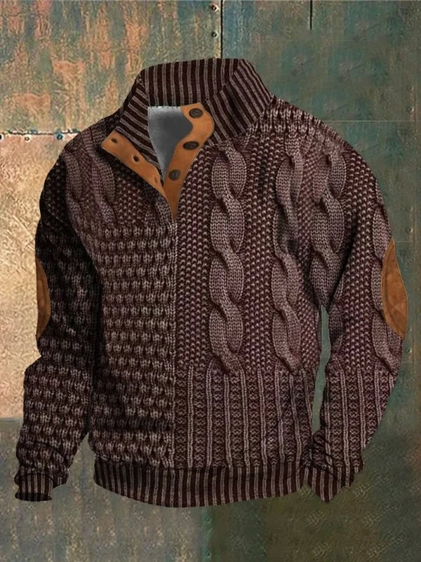 Burgundy textured knit pullover with suede elbow patches and half-zip