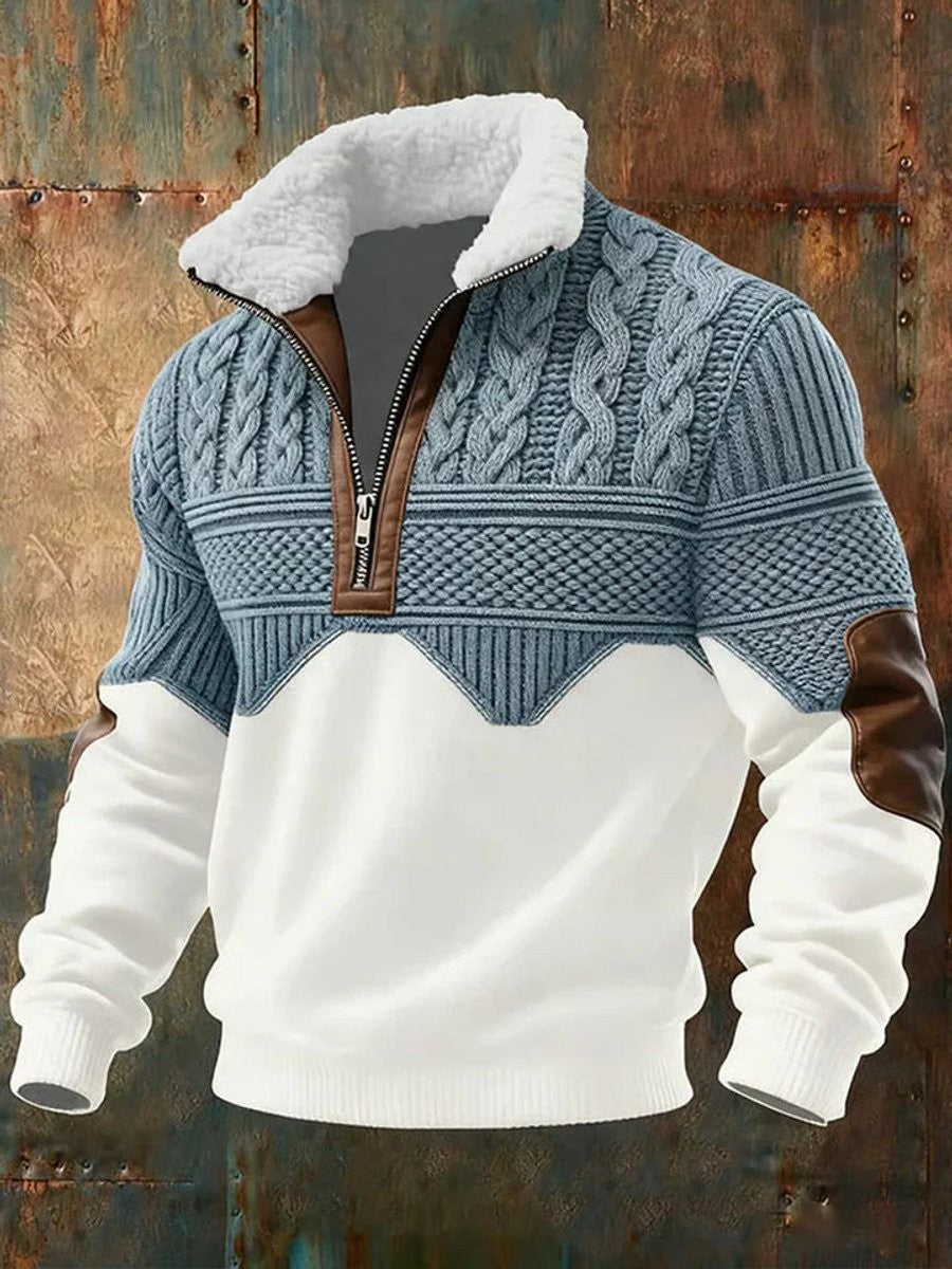 Men's cable-knit half-zip jumper with fleece collar and colourblock design