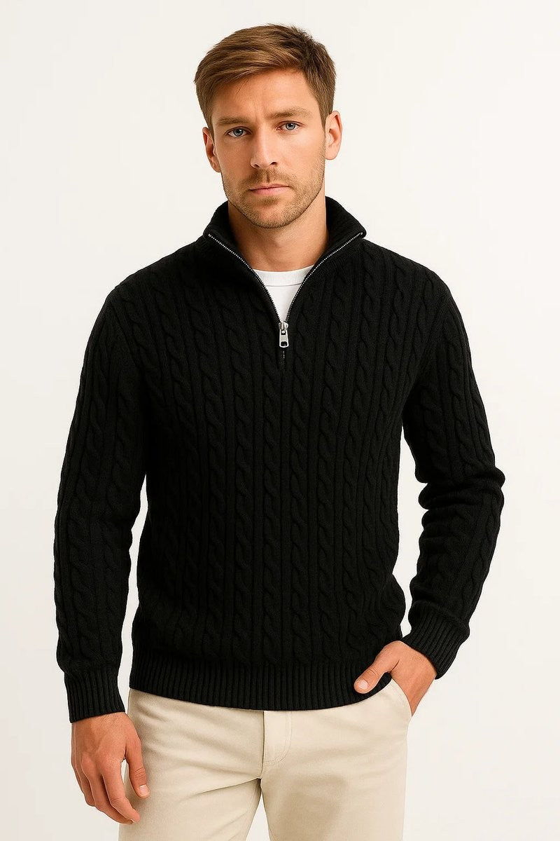 Black cable-knit quarter-zip jumper paired with cream chinos