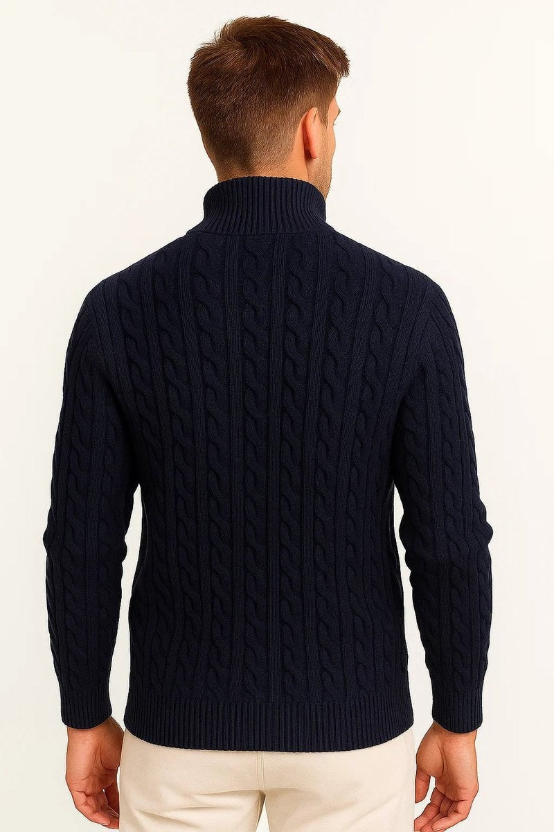 Back view of navy cable-knit quarter-zip jumper showing ribbed collar
