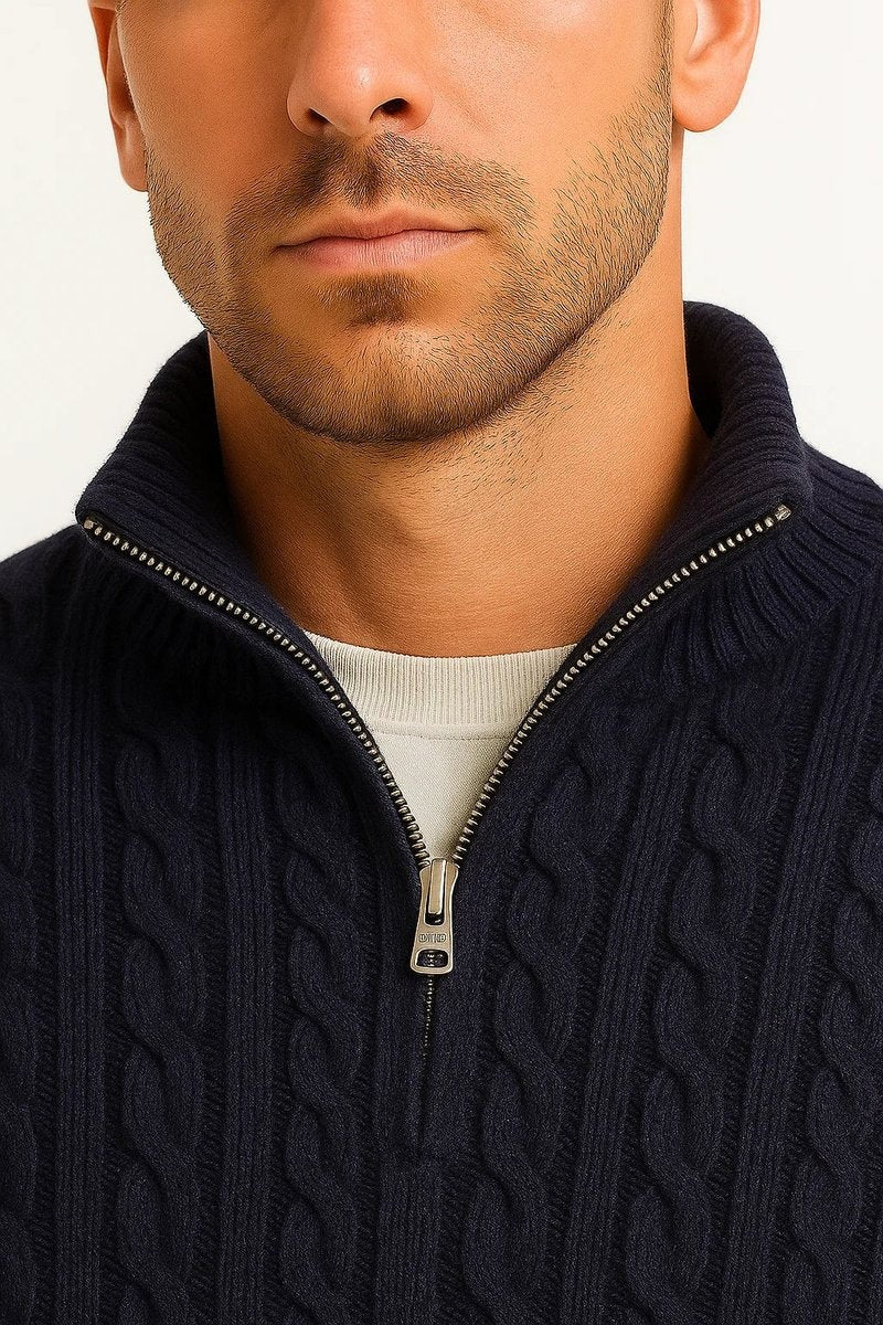 Close-up of navy jumper's quarter-zip fastening and cable stitching