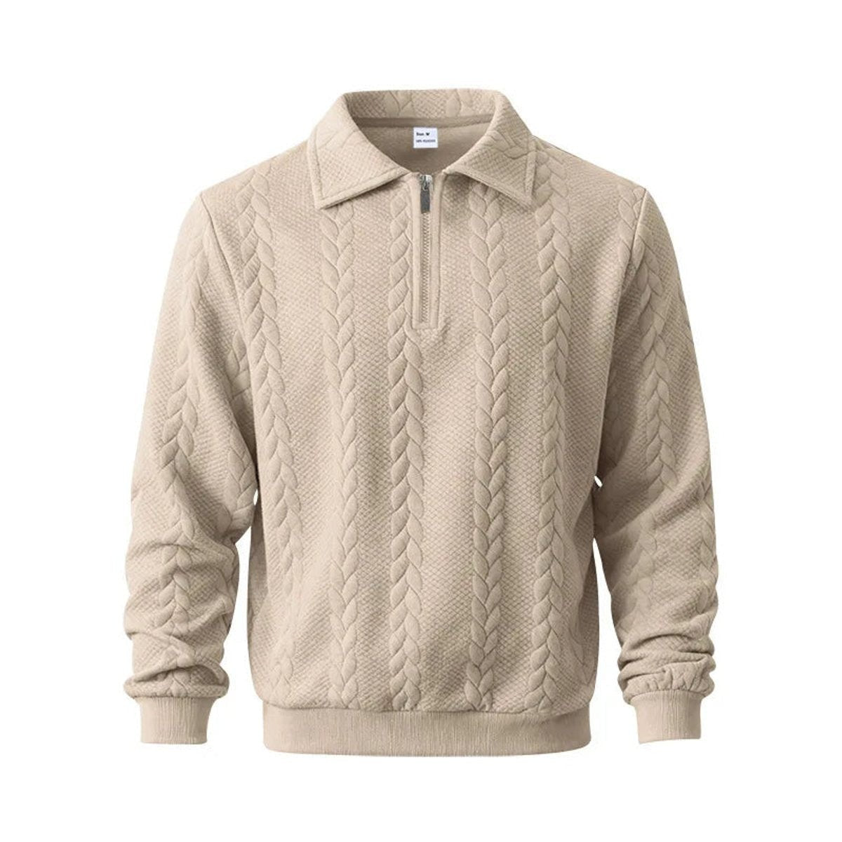 Beige cable-knit quarter-zip jumper with collared polo neck for men