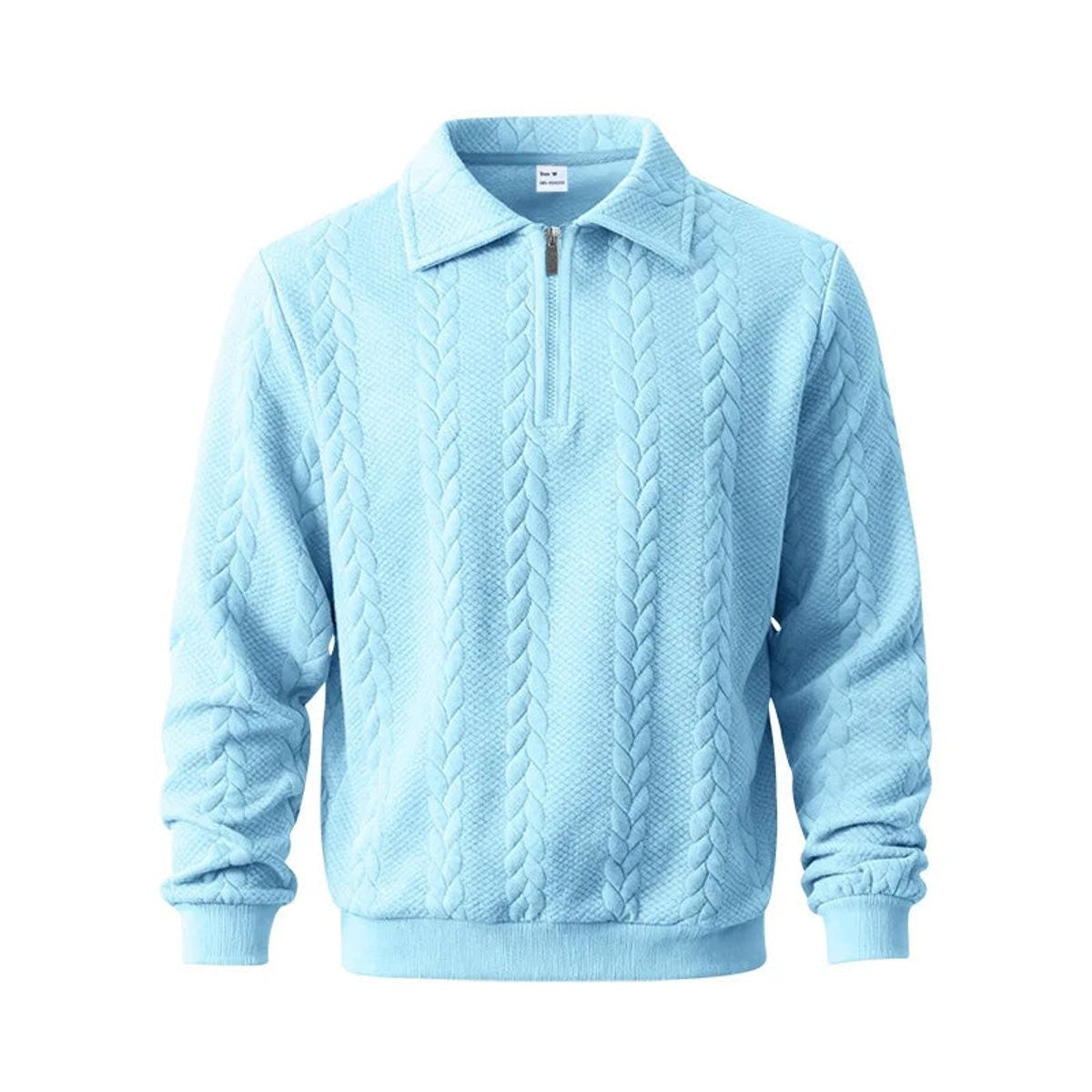 Sky blue cable-knit quarter-zip polo jumper with ribbed cuffs