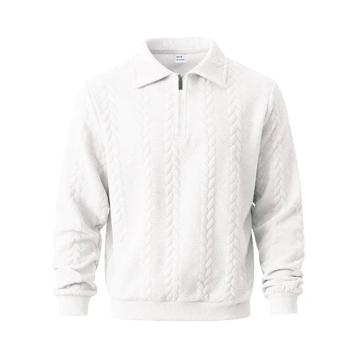 White cable-knit quarter-zip jumper featuring collared neckline for men