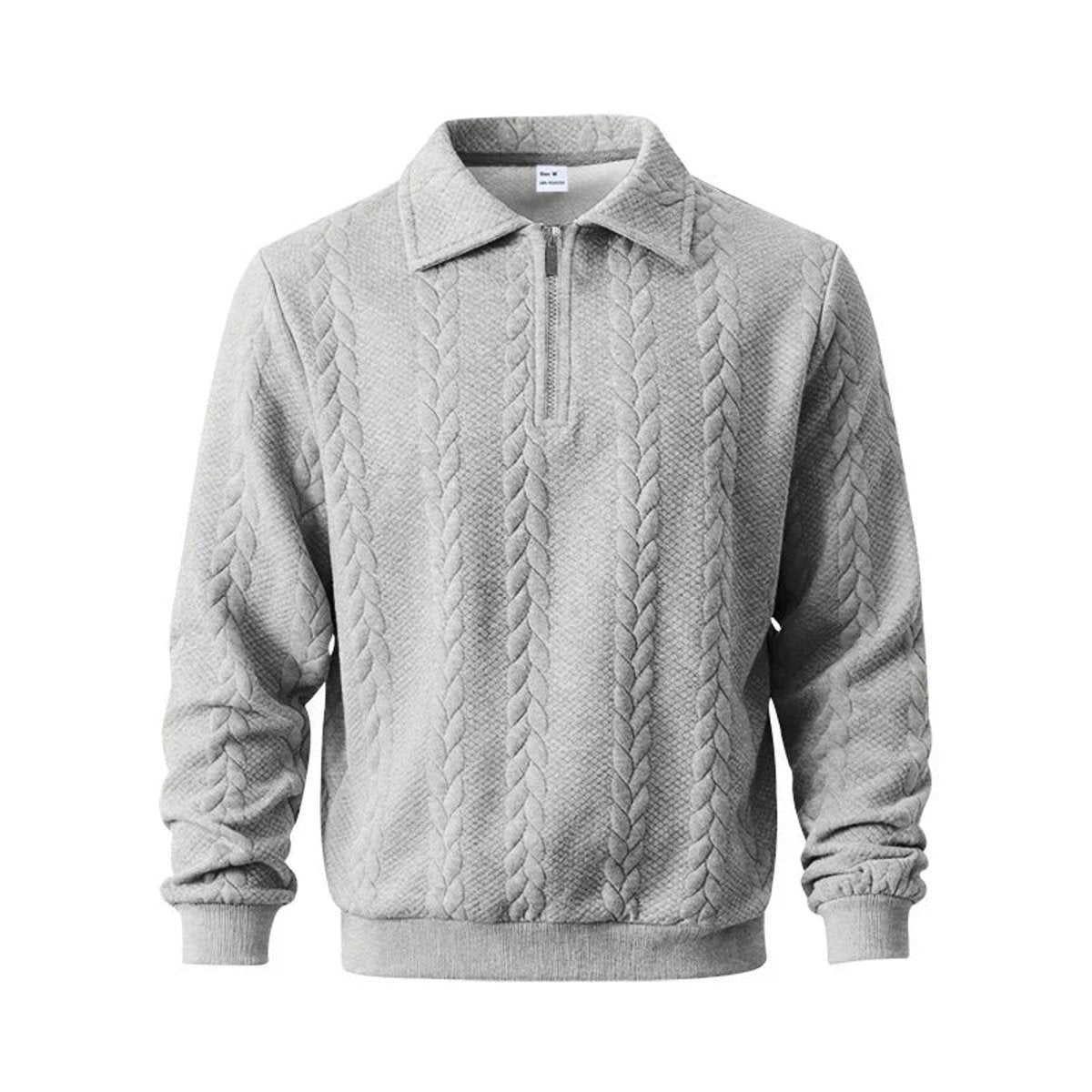 Grey marl cable-knit quarter-zip polo jumper with textured braid pattern