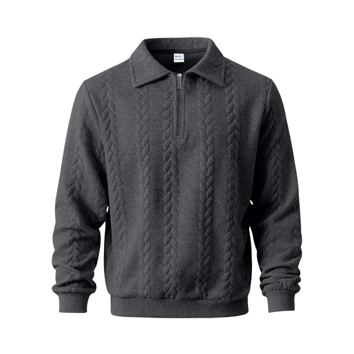 Charcoal cable-knit quarter-zip jumper with collared polo styling