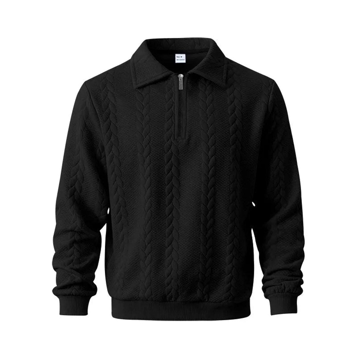 Black cable-knit quarter-zip polo jumper with ribbed hem and cuffs