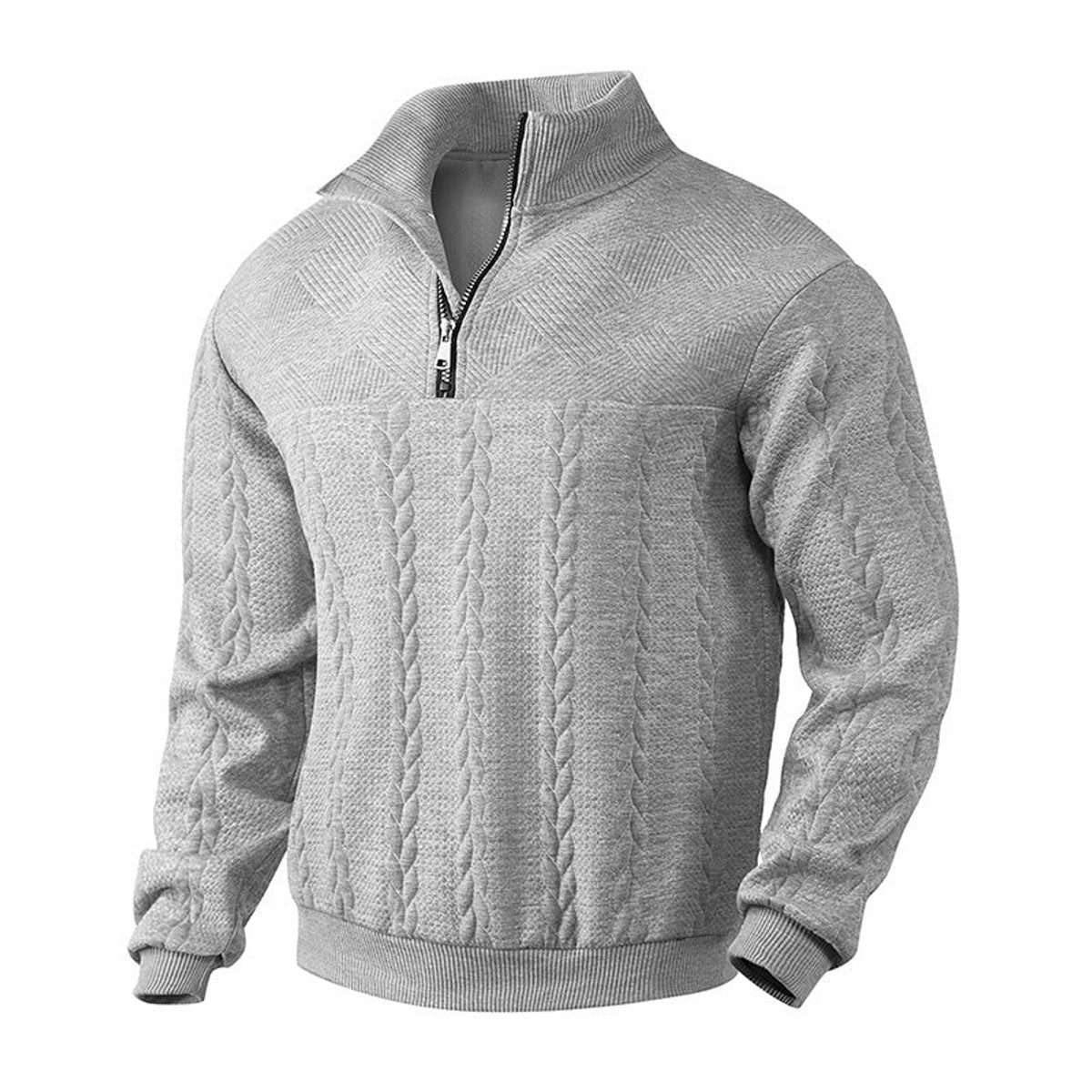 Grey cable knit quarter-zip jumper with textured yoke, front view
