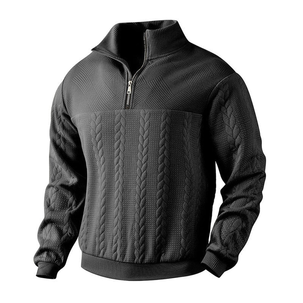 Black cable knit quarter-zip pullover with textured diamond yoke
