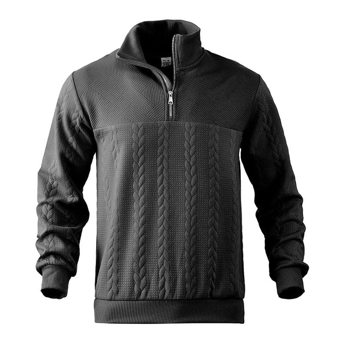 Charcoal quarter-zip jumper showing cable knit and ribbed cuffs