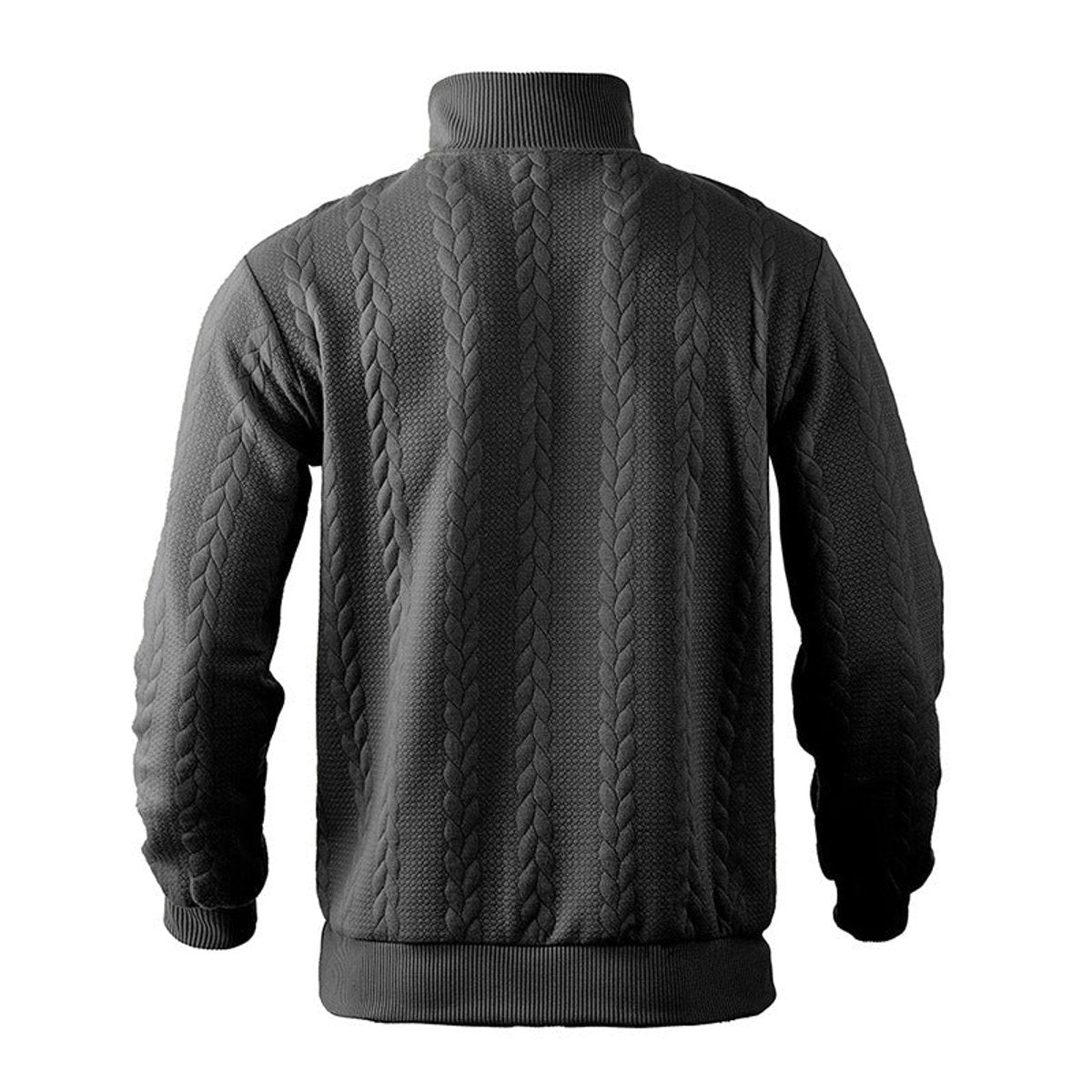 Rear view of black cable knit pullover with ribbed hemline