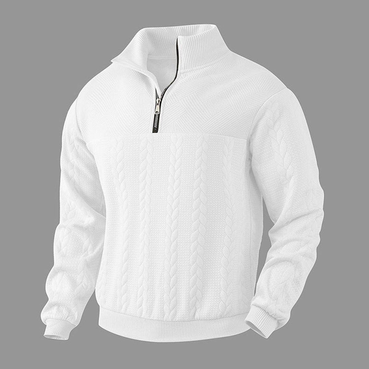 White cable knit quarter-zip jumper with textured shoulder panel