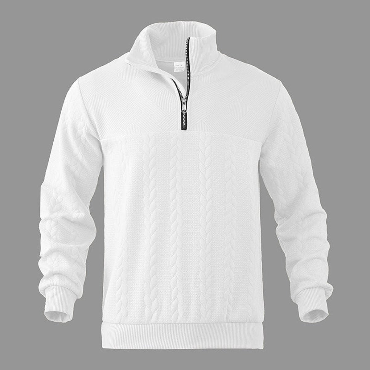 Side view of white quarter-zip pullover highlighting cable knit pattern