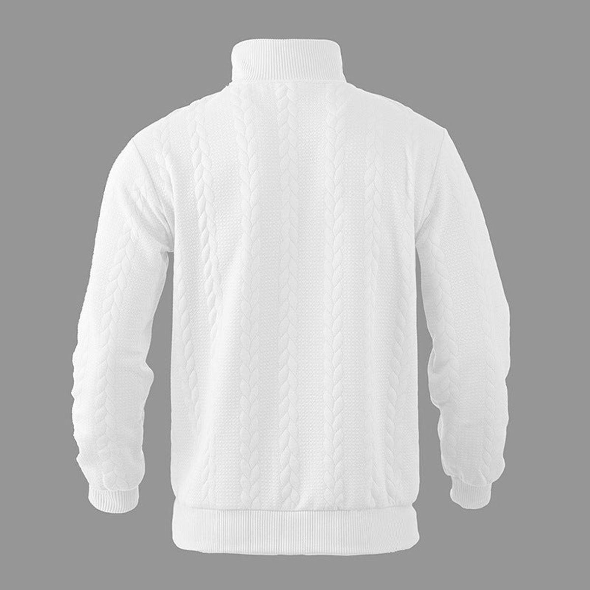 Rear view of white cable knit jumper with ribbed collar and cuffs